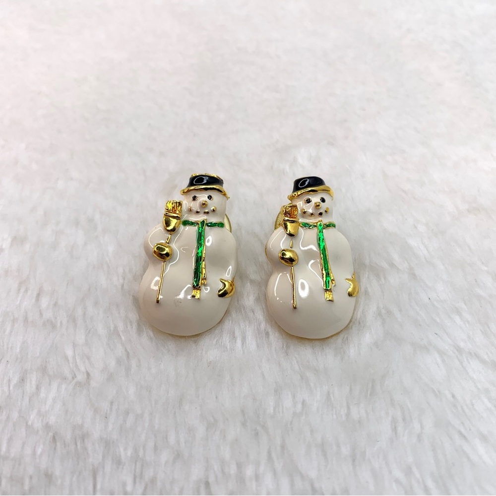 Festive Holiday Winter Snowman Enamel Gold Tone Earrings